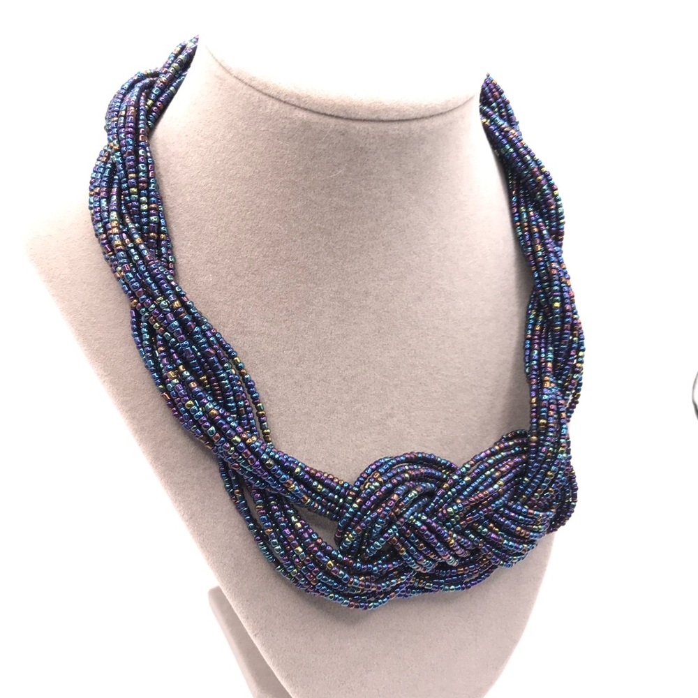 Multi-Strand Peacock Colored Seed Bead Braided Statement Necklace - Picture 4 of 7